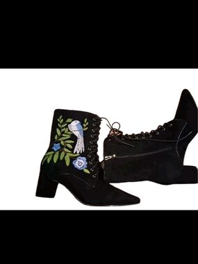 Rare Embroidered Velvet Ankle Boots | Bird Floral Lace-Up Heels | Vintage Luxe